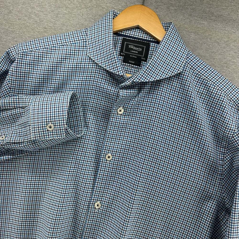 T.M. Lewin Mens Size 16.5 34.5 Fitted Blue Gingham Check Dress Shirt